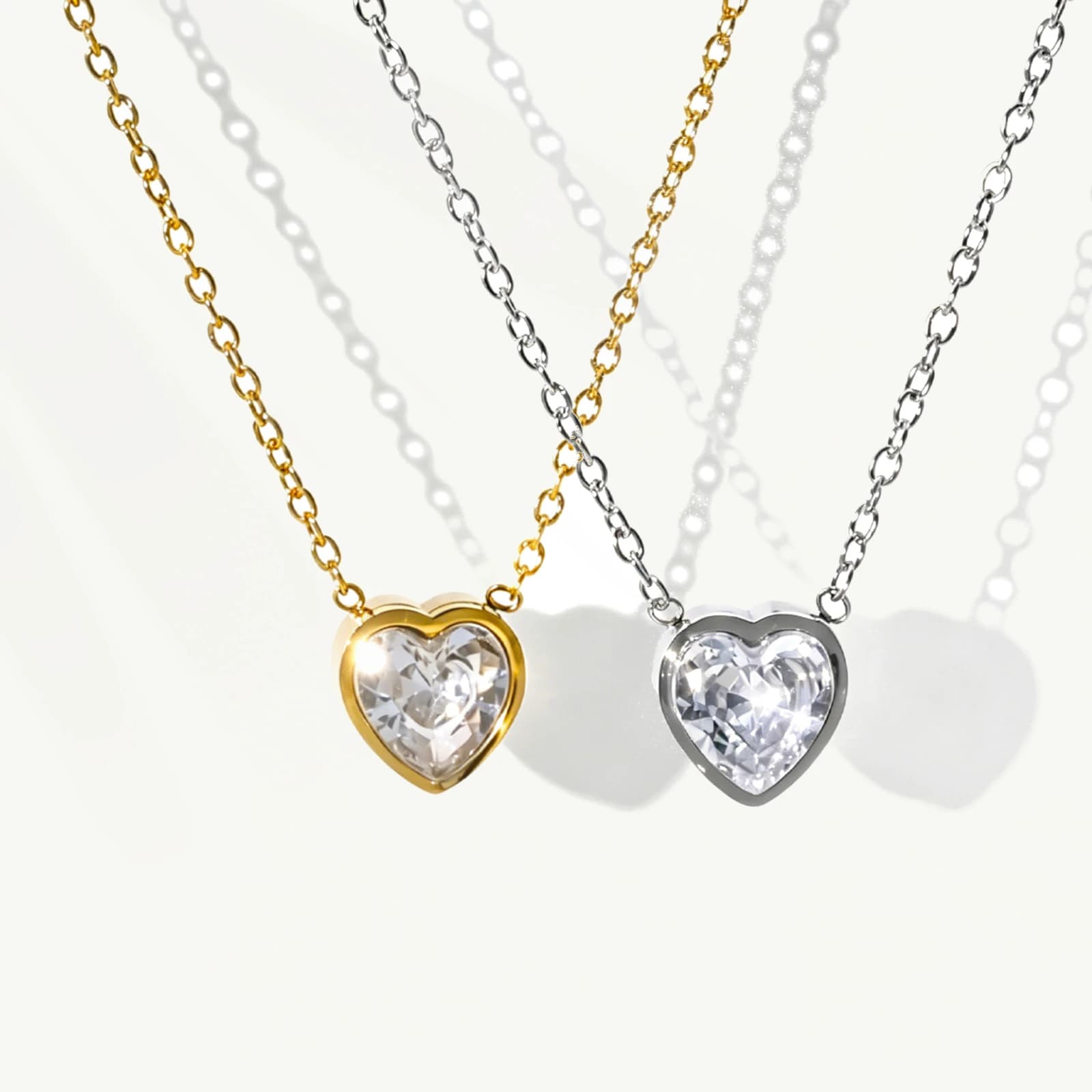 Bezel-Set Heart Rhinestone Pendant Necklace in clear white, stainless steel