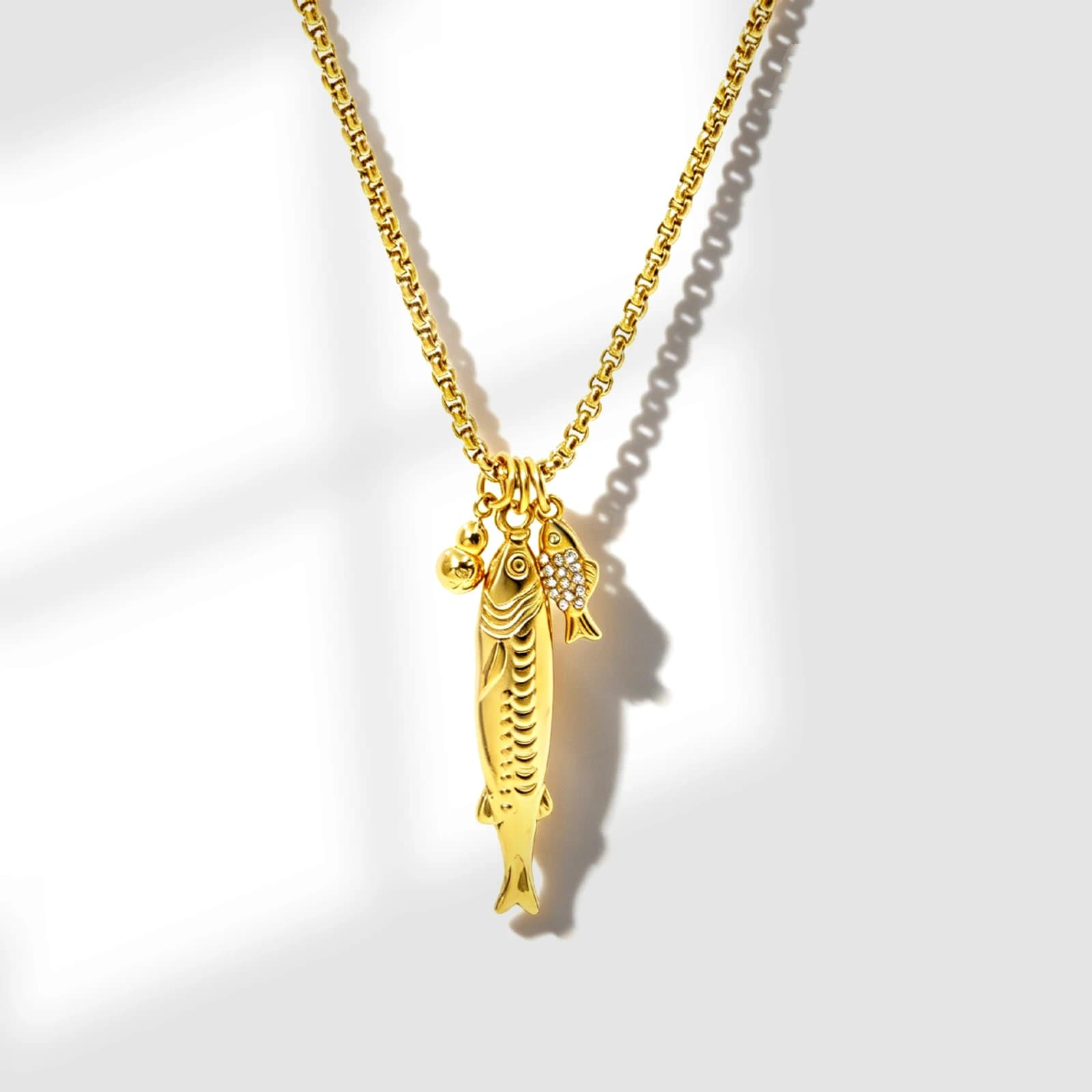 Fish Charm Necklace with Rhinestone Detail, gold-tone stainless steel