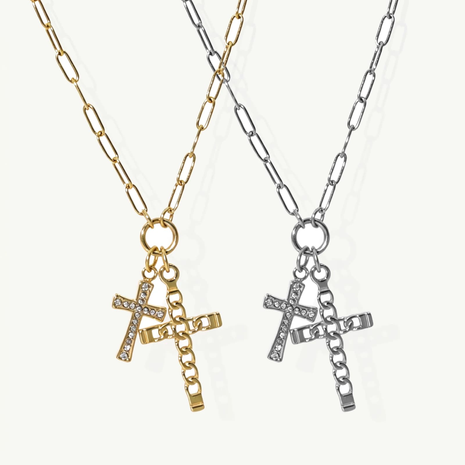 Cross Pendant Paperclip Chain Necklace with clear white rhinestone, stainless steel