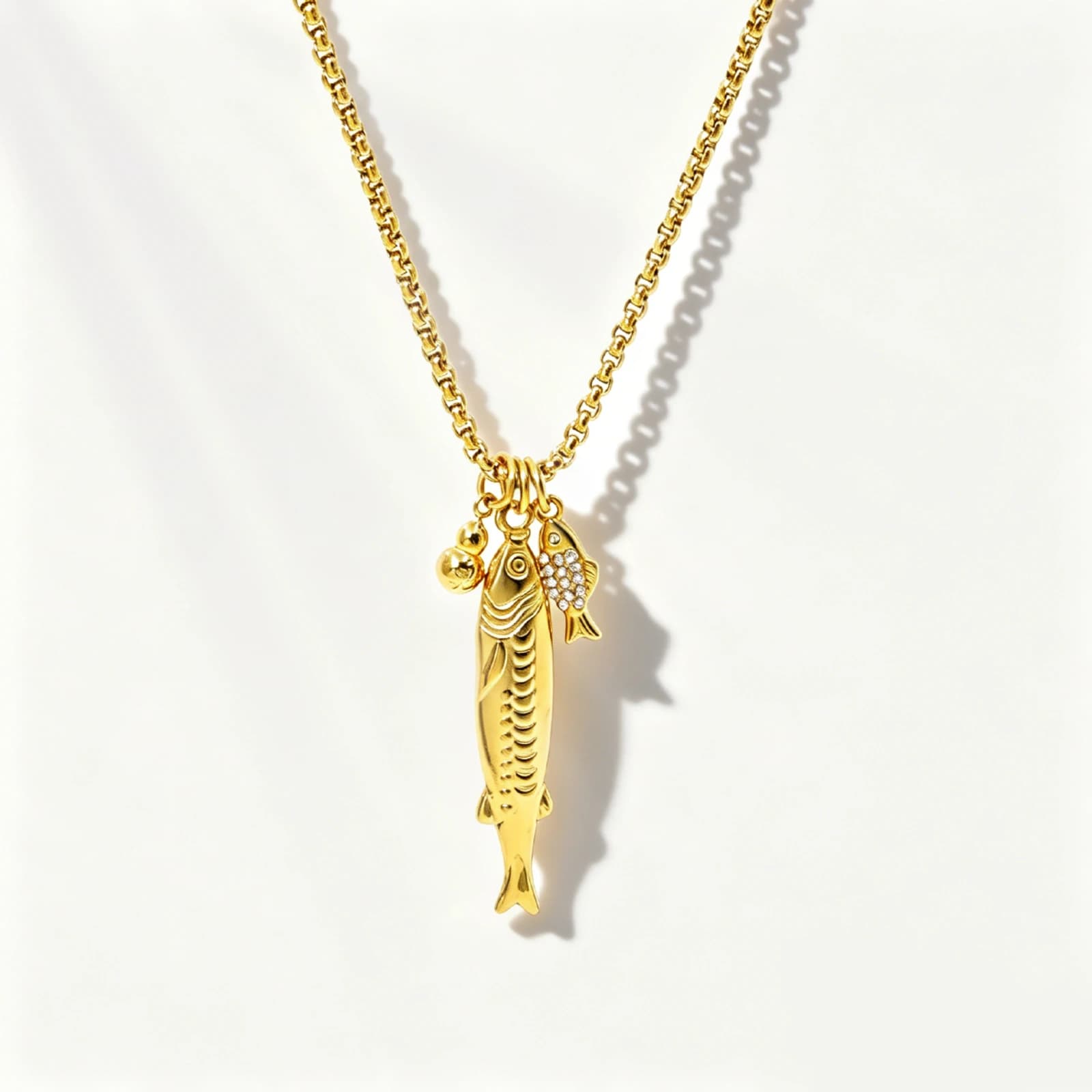 Fish Charm Necklace with clear white rhinestone, gold-tone stainless steel