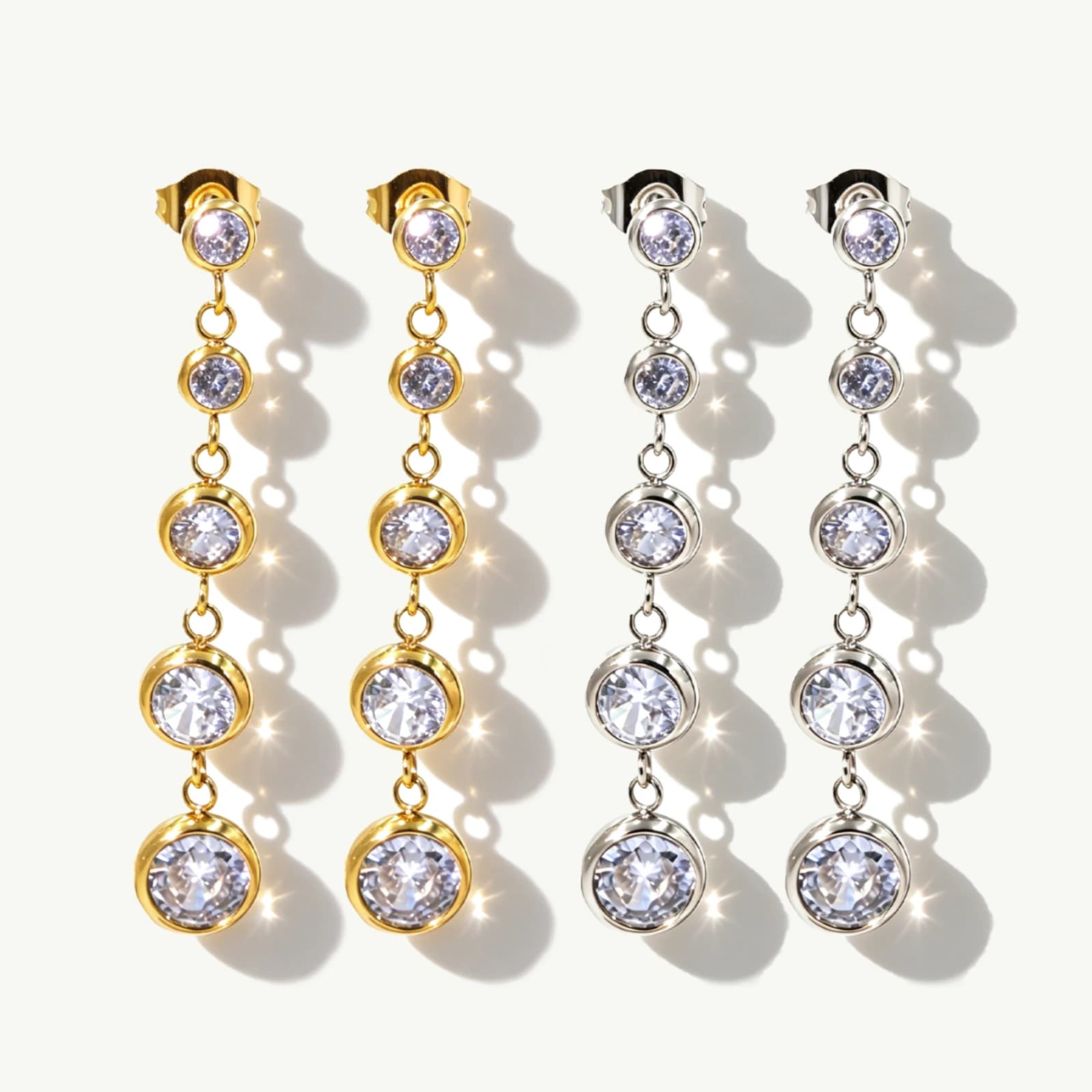 Graduated Round Cubic Zirconia Drop Earrings with clear white, stainless steel