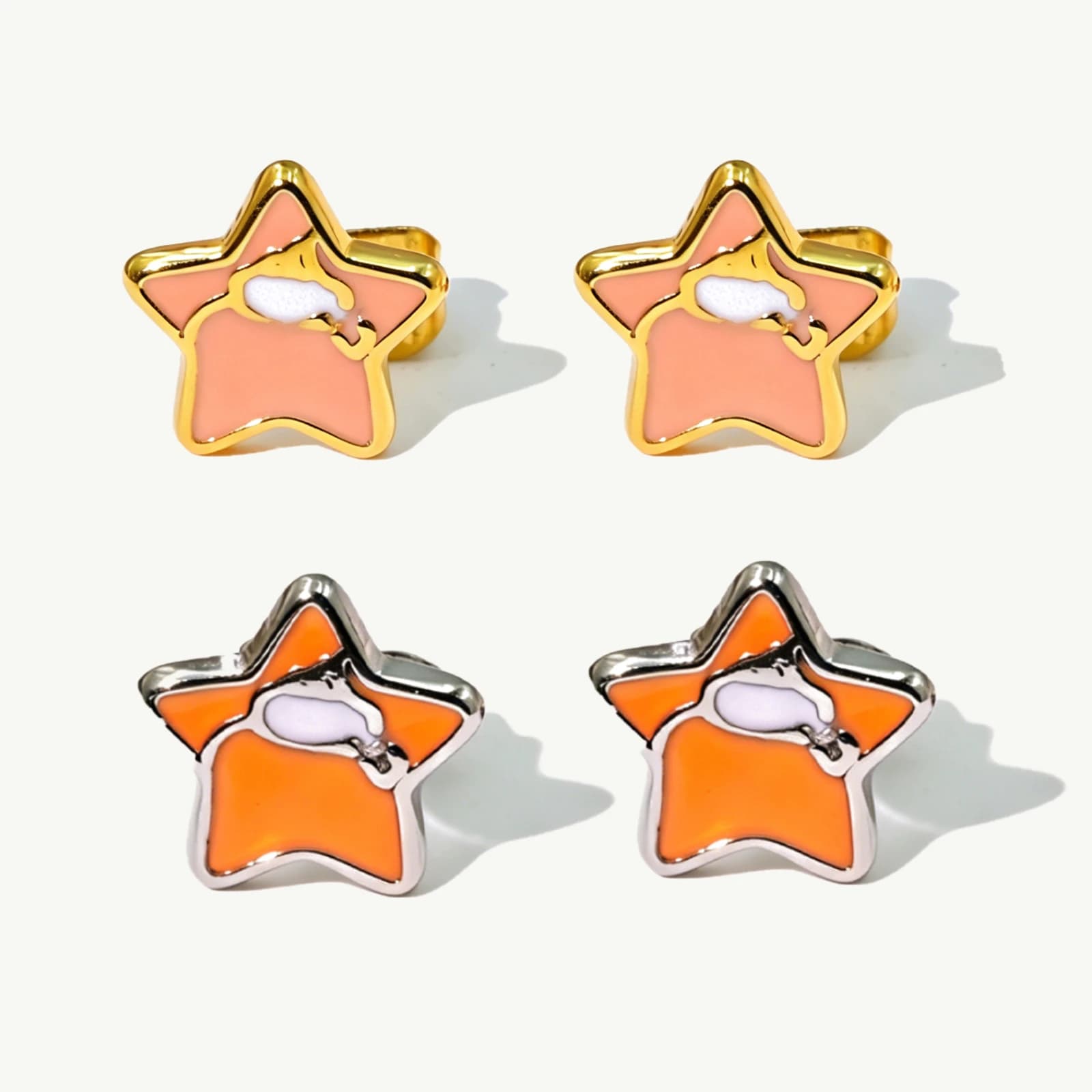 Star Stud Earrings with Animal Motif with epoxy resin in garnet red, stainless steel