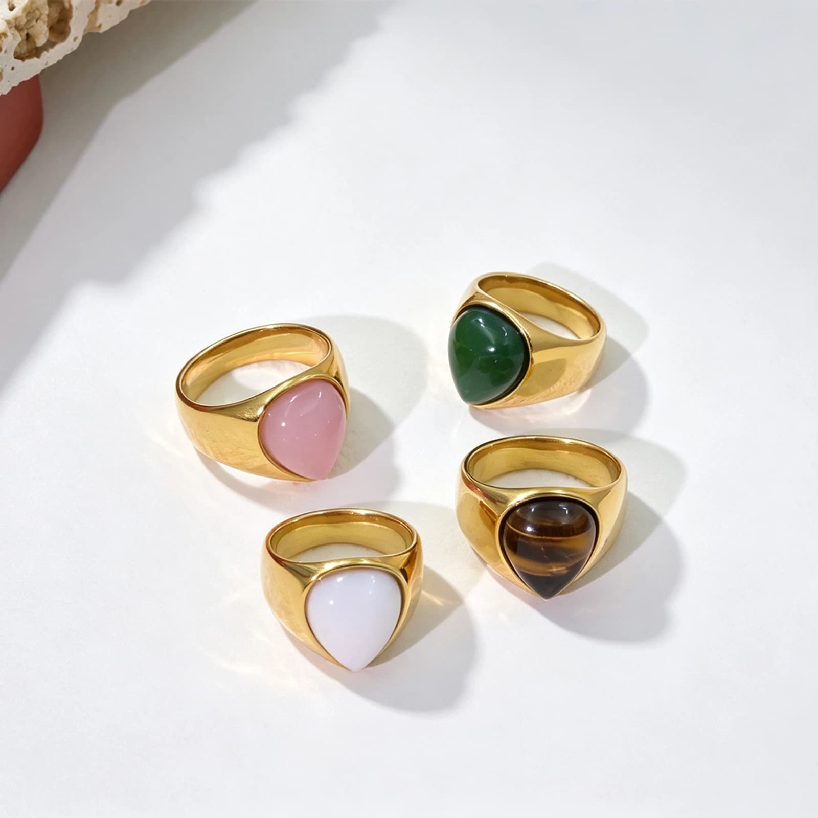 Teardrop Stone Signet Ring with natural stone and gold-tone stainless steel