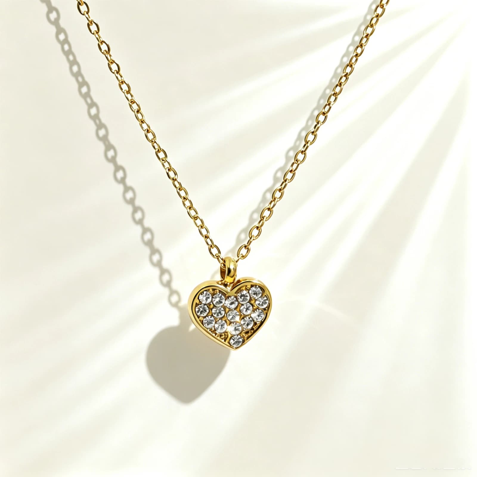 Rhinestone Heart Pendant Necklace in clear white rhinestone and gold-tone stainless steel